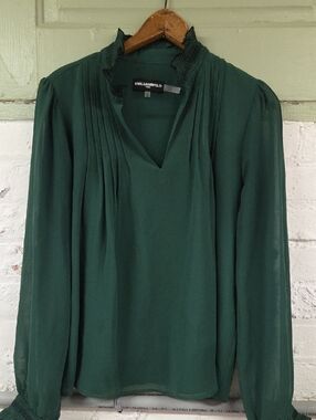 Karl Lagerfeld Dark Green Pleated V-Neck Blouse